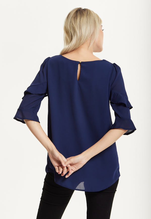 Liquorish Navy Ruffle Sleeve Blouse