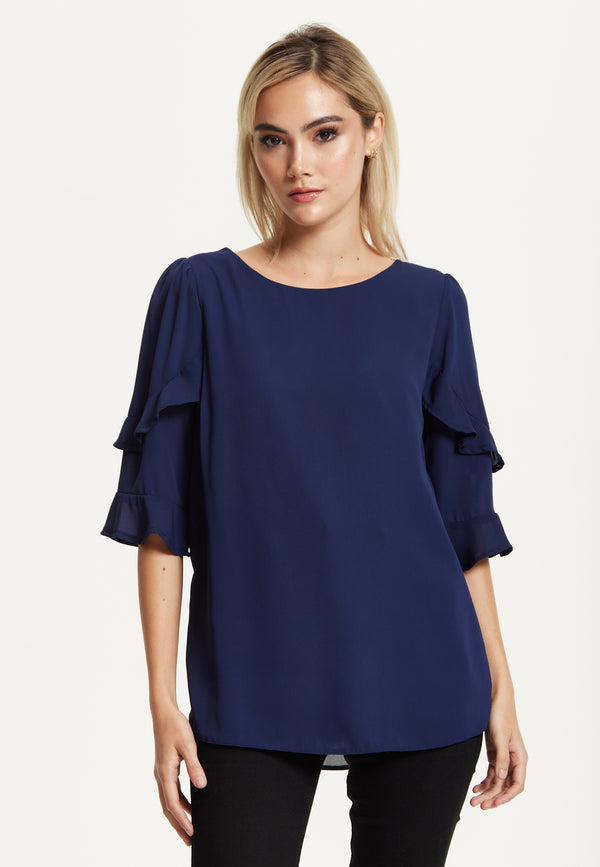 Liquorish Navy Ruffle Sleeve Blouse