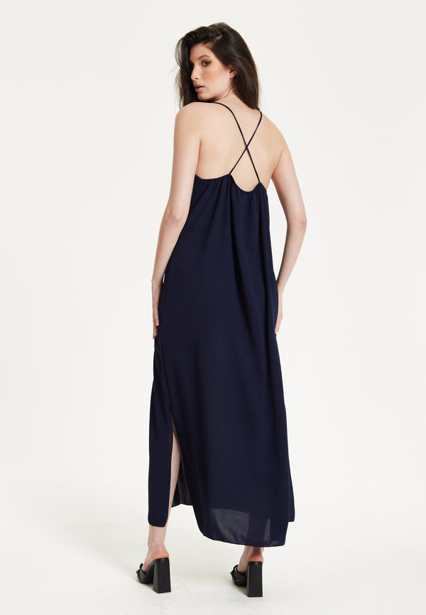 Liquorish Navy Strappy Split Maxi Dress