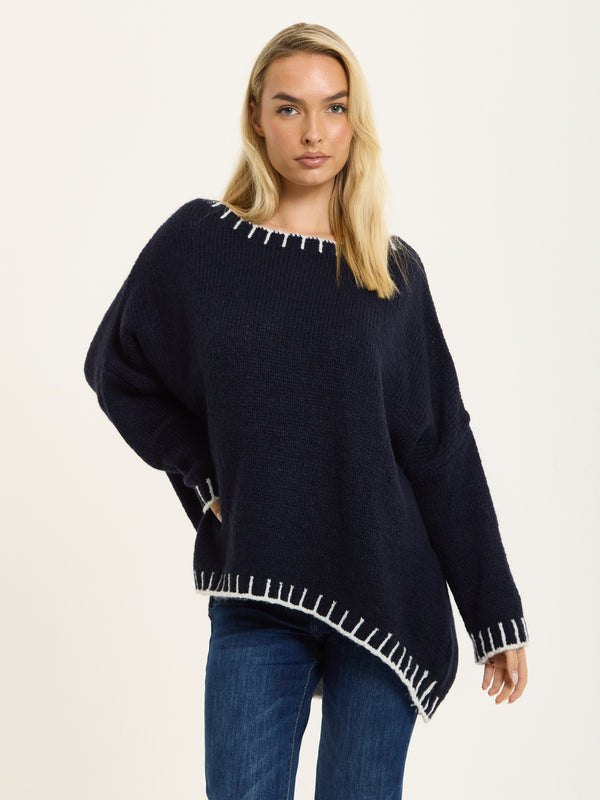 Liquorish Navy Wool Blend Jumper White Trim