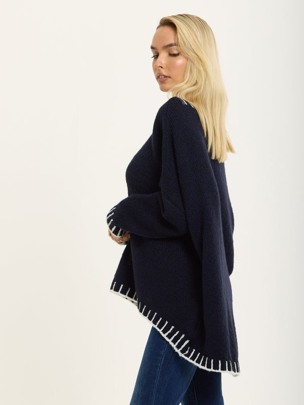 Liquorish Navy Wool Blend Jumper White Trim