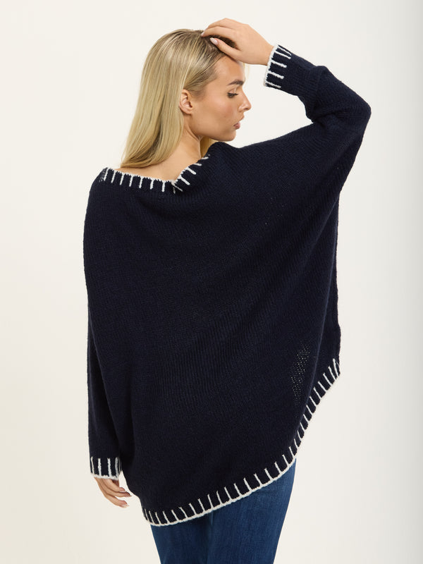 Liquorish Navy Wool Blend Jumper White Trim
