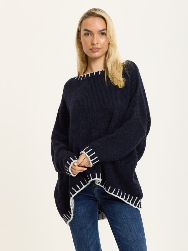 Liquorish Navy Wool Blend Jumper White Trim