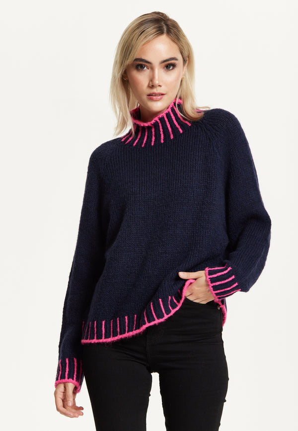 Liquorish Neon Trim Wool Blend Jumper – Navy