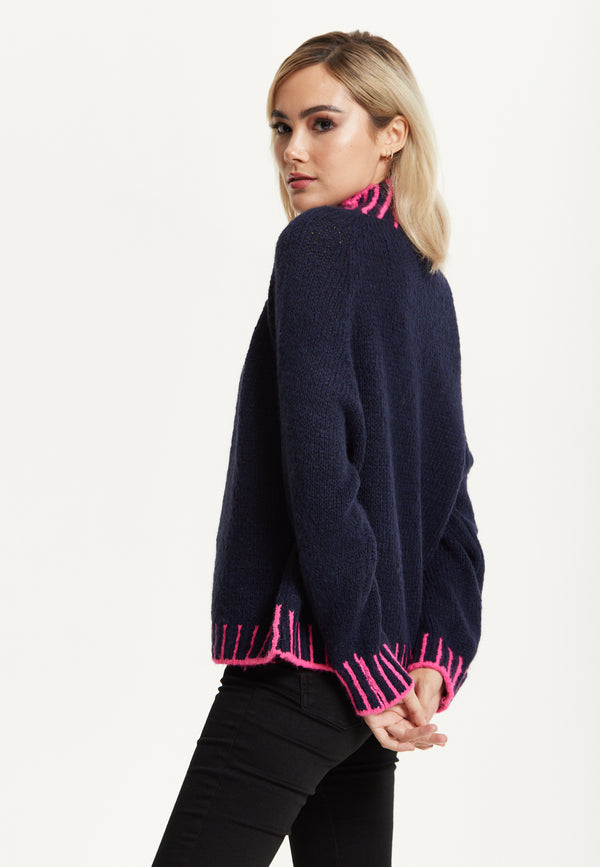 Liquorish Neon Trim Wool Blend Jumper – Navy