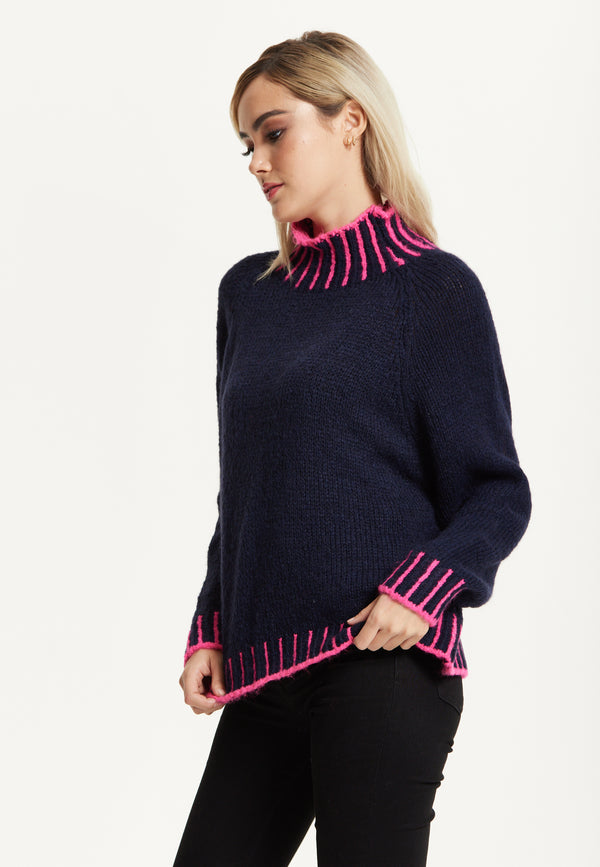 Liquorish Neon Trim Wool Blend Jumper – Navy
