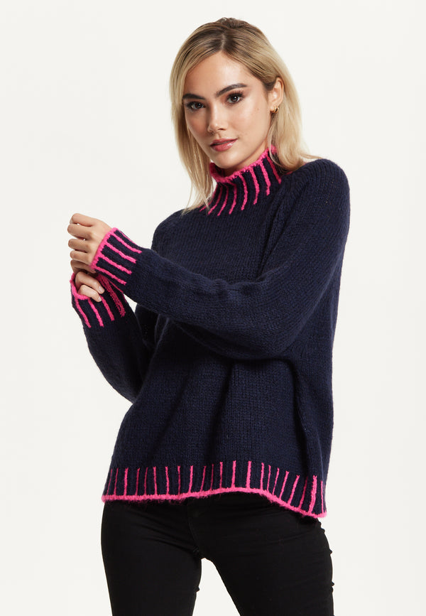 Liquorish Neon Trim Wool Blend Jumper – Navy