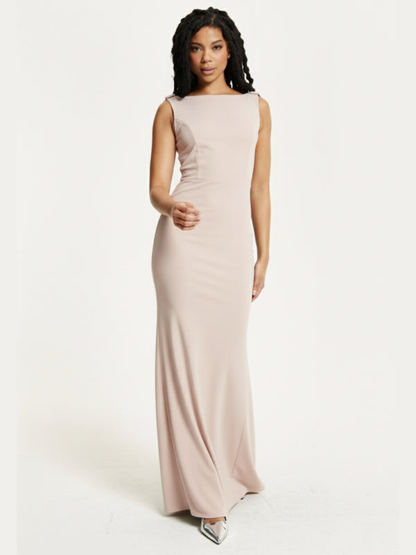 Liquorish Nude Draped Cowl Back Maxi Dress