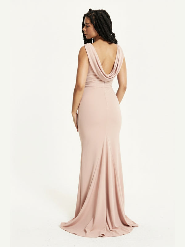 Liquorish Nude Draped Cowl Back Maxi Dress