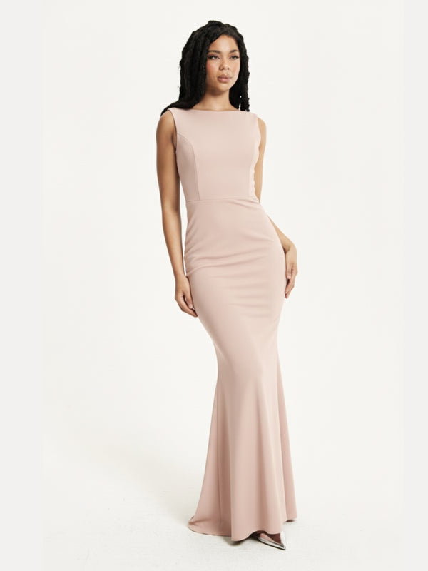 Liquorish Nude Draped Cowl Back Maxi Dress