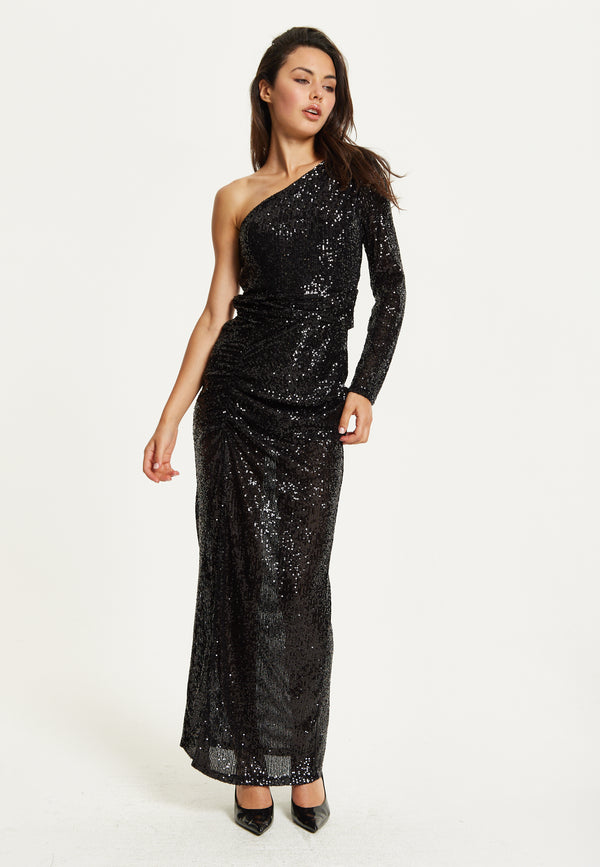 Liquorish One Shoulder Black Sequin Maxi Dress