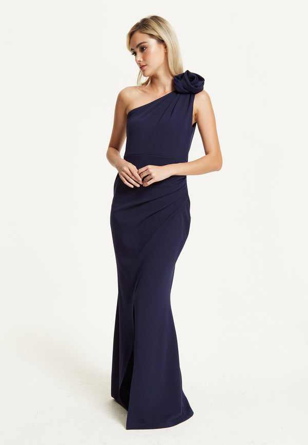 Liquorish One Shoulder Navy Rose Maxi Dress