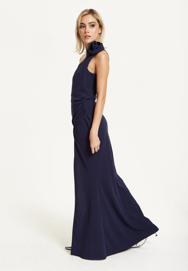 Liquorish One Shoulder Navy Rose Maxi Dress