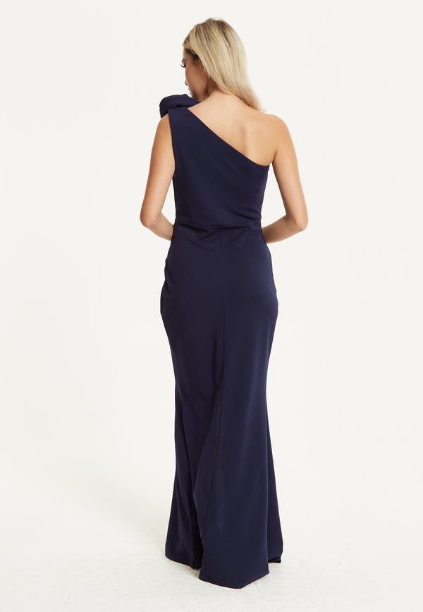 Liquorish One Shoulder Navy Rose Maxi Dress