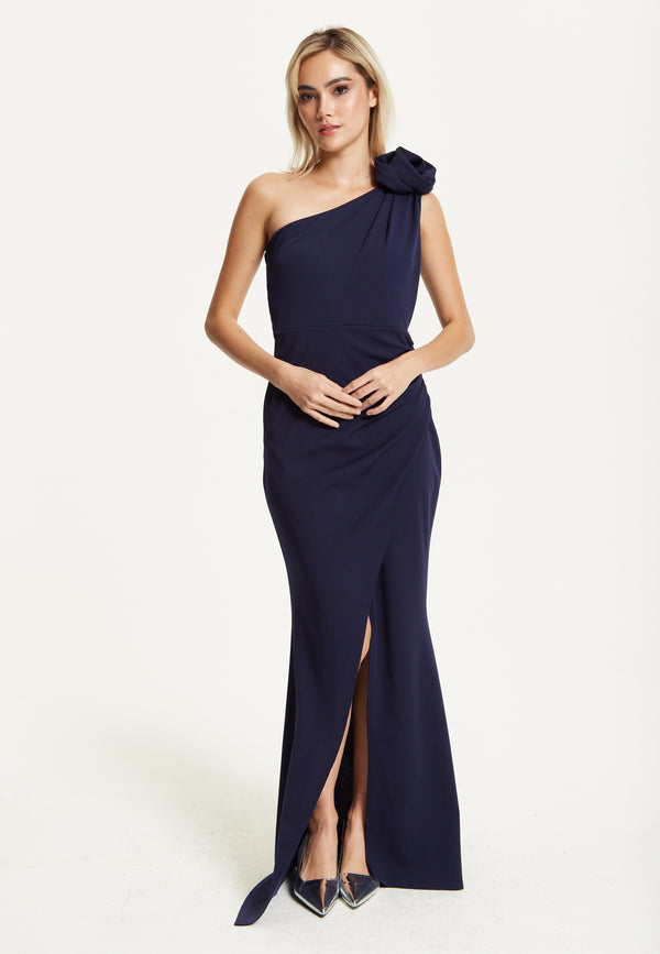 Liquorish One Shoulder Navy Rose Maxi Dress