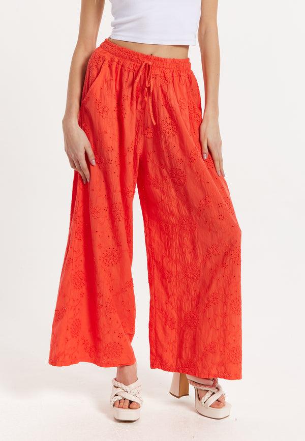 Liquorish Orange Embroidered Wide Leg Trousers