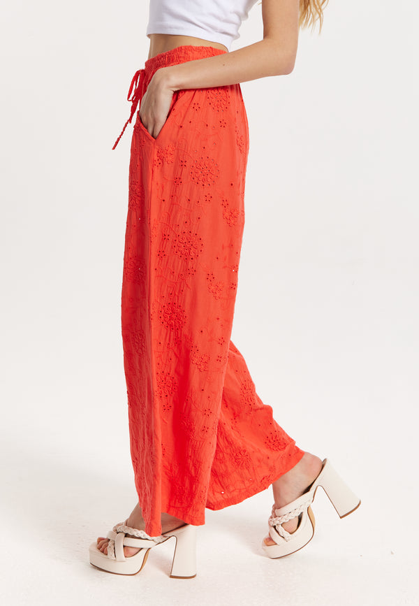 Liquorish Orange Embroidered Wide Leg Trousers