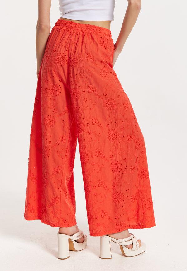 Liquorish Orange Embroidered Wide Leg Trousers