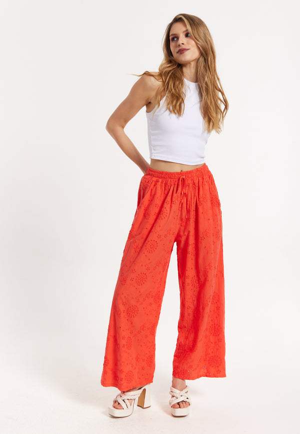 Liquorish Orange Embroidered Wide Leg Trousers