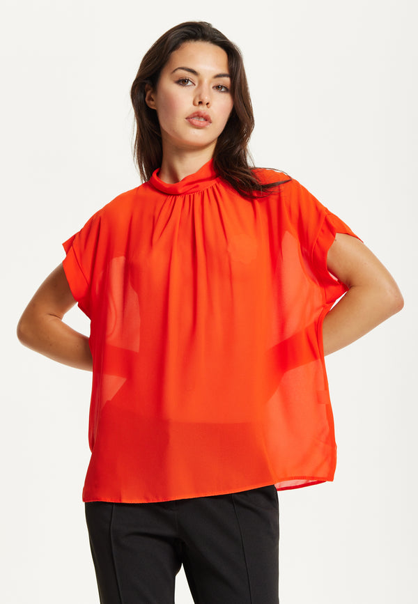 Liquorish Orange High Neck Tie Back Top