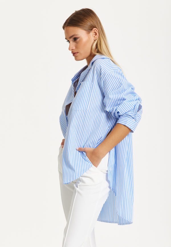 Liquorish Oversized Blue Striped Shirt