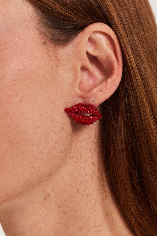 Liquorish Liquorish Pair Of Lips Stud Earrings With Rhinestone Embellishment In Red
