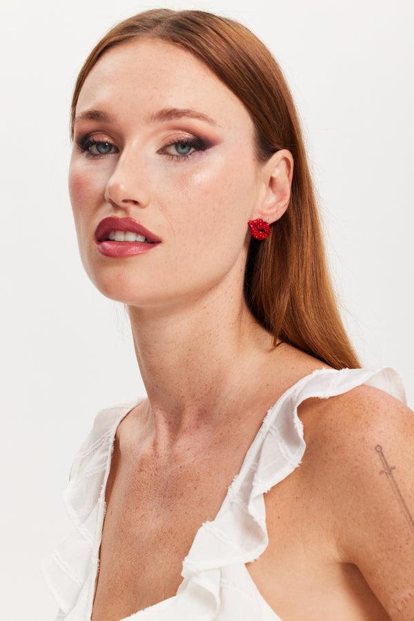 Liquorish Liquorish Pair Of Lips Stud Earrings With Rhinestone Embellishment In Red