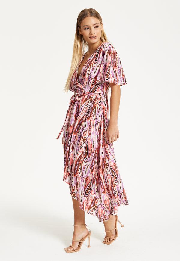 Liquorish Liquorish Paisley Printed High-Low Wrap Midi Dress