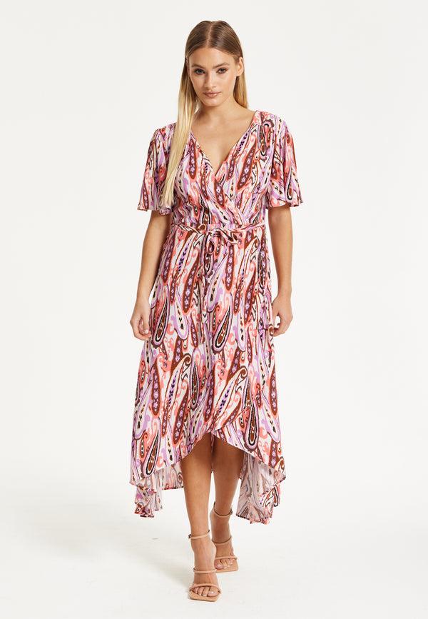 Liquorish Liquorish Paisley Printed High-Low Wrap Midi Dress