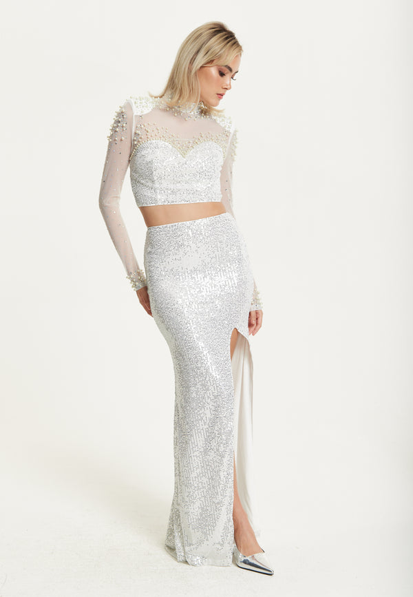 Liquorish Pearl Sequin Two Piece Maxi Set