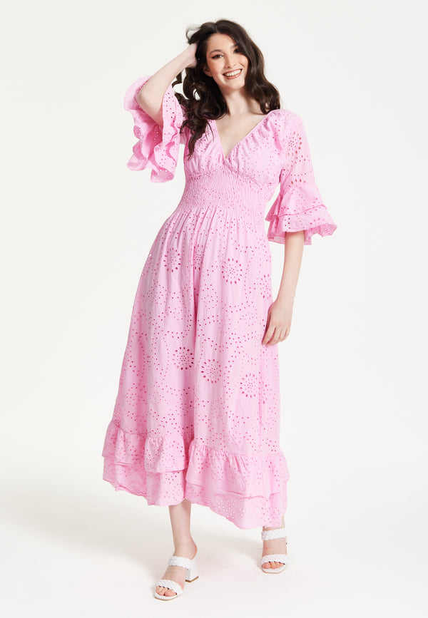 Liquorish Pink Broderie Anglaise Maxi Dress