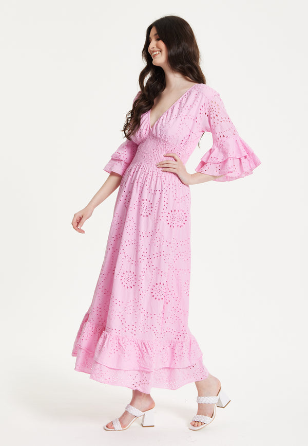 Liquorish Pink Broderie Anglaise Maxi Dress