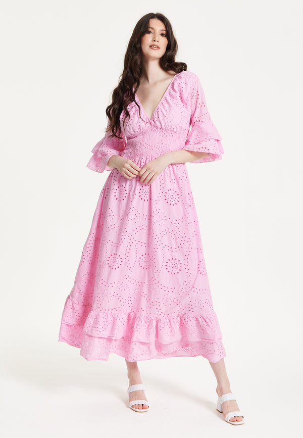 Liquorish Pink Broderie Anglaise Maxi Dress
