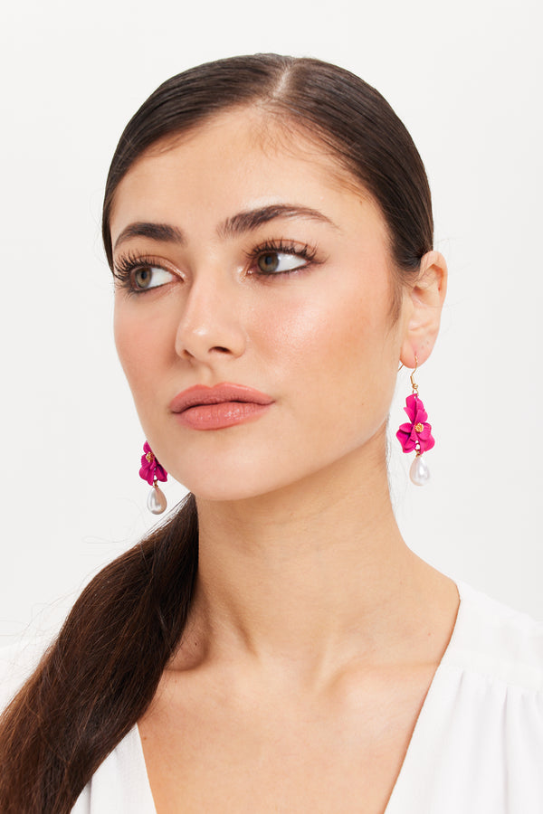 Liquorish Liquorish Pink Flower Drop Earrings With Pearl Detail