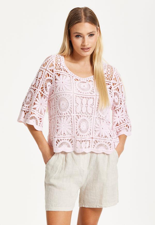 Liquorish Pink Knitted Crochet Lace Top