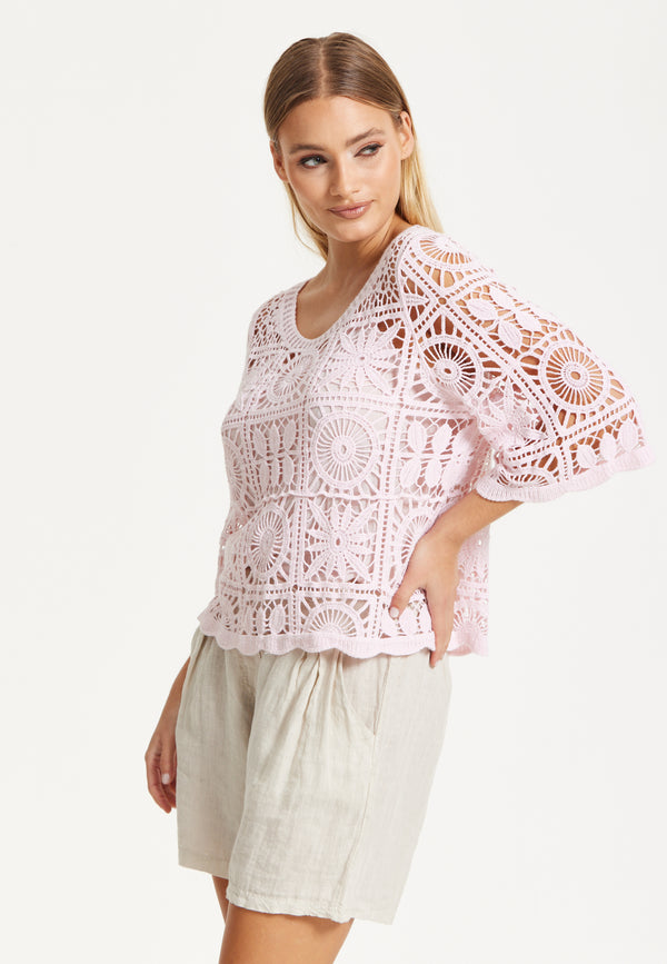 Liquorish Pink Knitted Crochet Lace Top