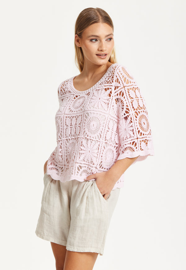 Liquorish Pink Knitted Crochet Lace Top