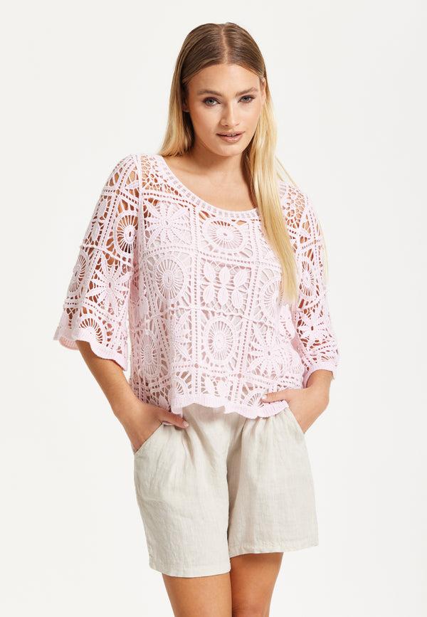 Liquorish Pink Knitted Crochet Lace Top