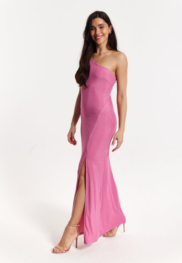 Liquorish Pink Lurex One Shoulder Maxi Dress