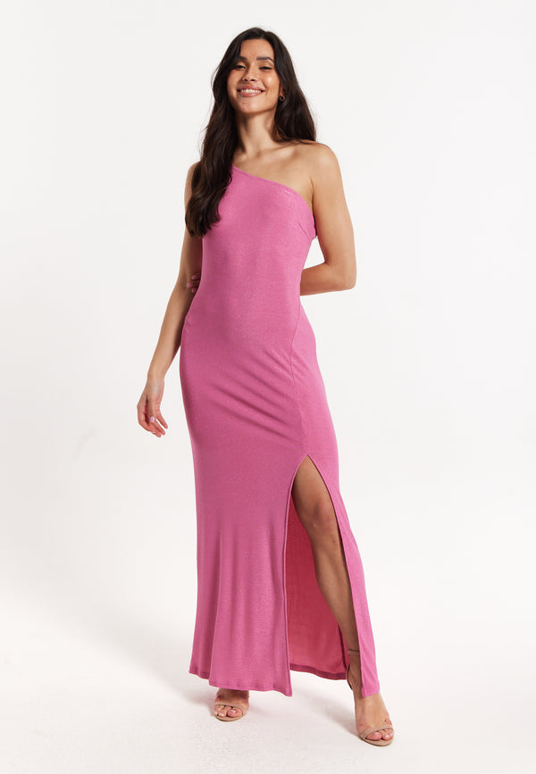 Liquorish Pink Lurex One Shoulder Maxi Dress
