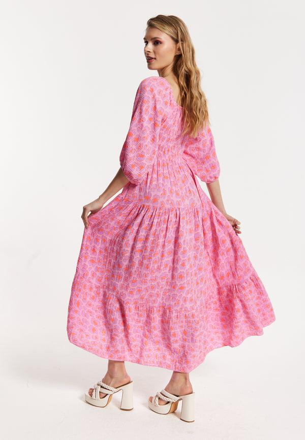Liquorish Pink Printed Shirred Maxi Dress