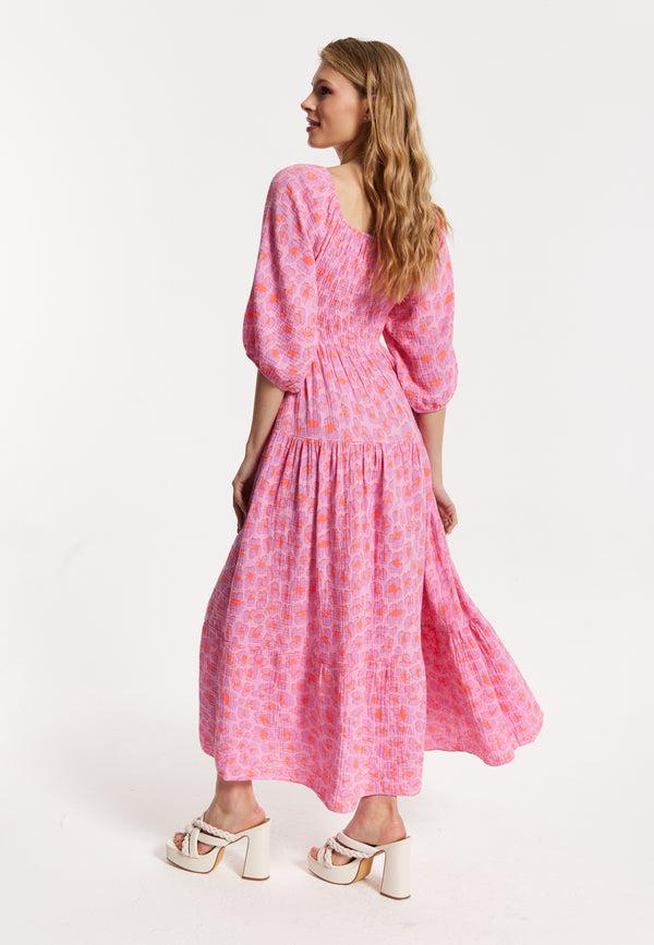 Liquorish Pink Printed Shirred Maxi Dress