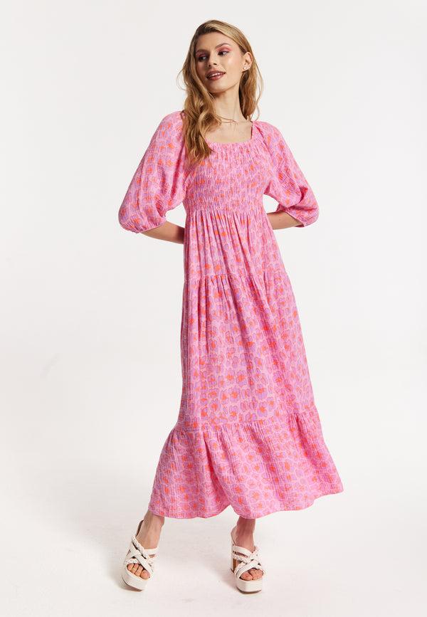 Liquorish Pink Printed Shirred Maxi Dress