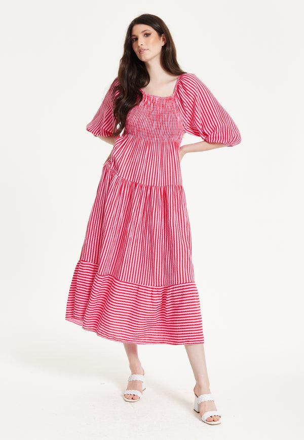 Liquorish Pink Puff Sleeve Stripe Midi Dress