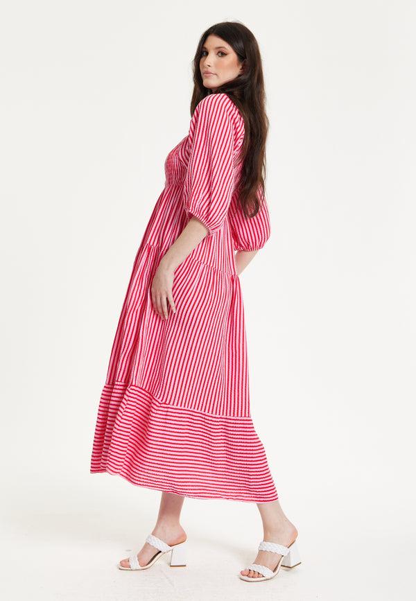 Liquorish Pink Puff Sleeve Stripe Midi Dress
