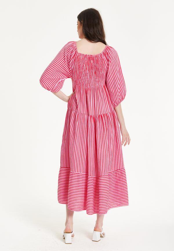 Liquorish Pink Puff Sleeve Stripe Midi Dress