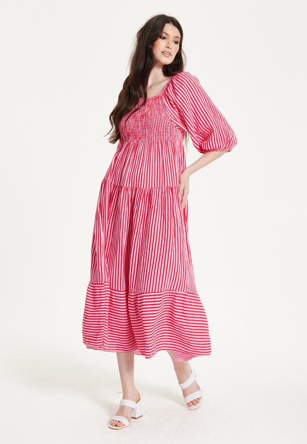 Liquorish Pink Puff Sleeve Stripe Midi Dress