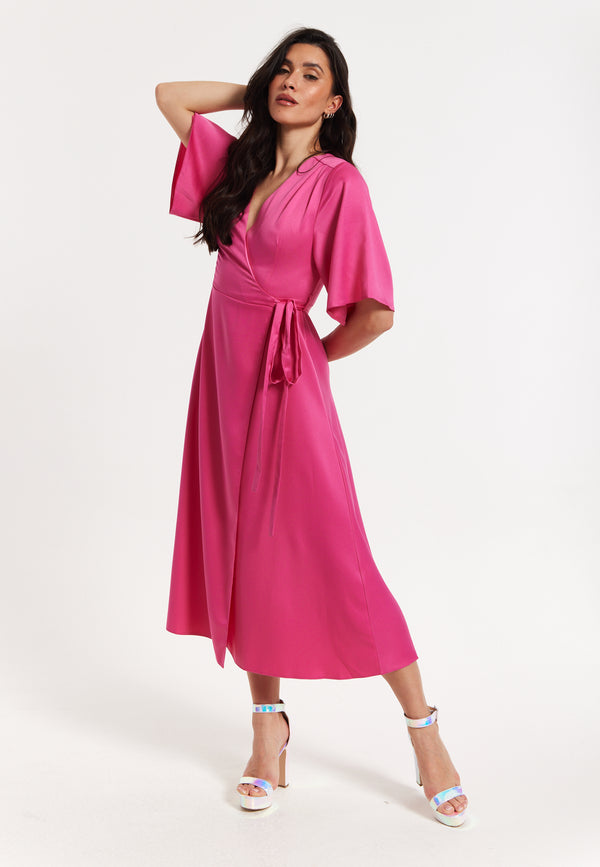 Liquorish Pink Satin Kimono Sleeve Maxi Wrap Dress