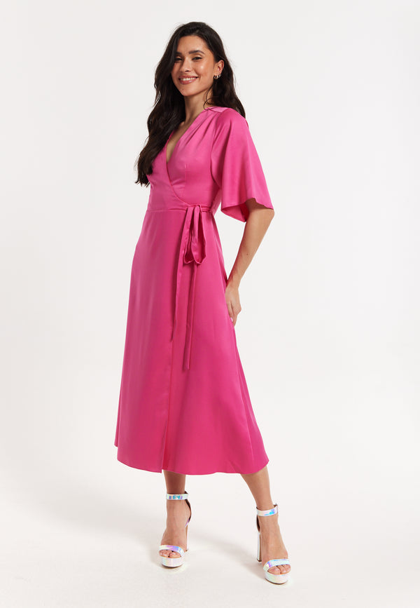Liquorish Pink Satin Kimono Sleeve Maxi Wrap Dress