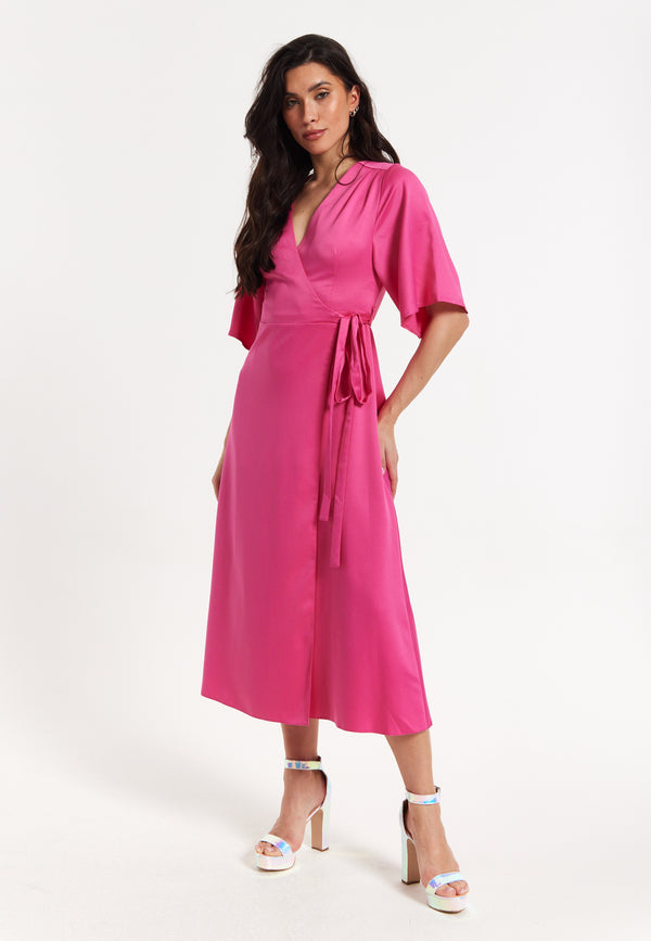 Liquorish Pink Satin Kimono Sleeve Maxi Wrap Dress